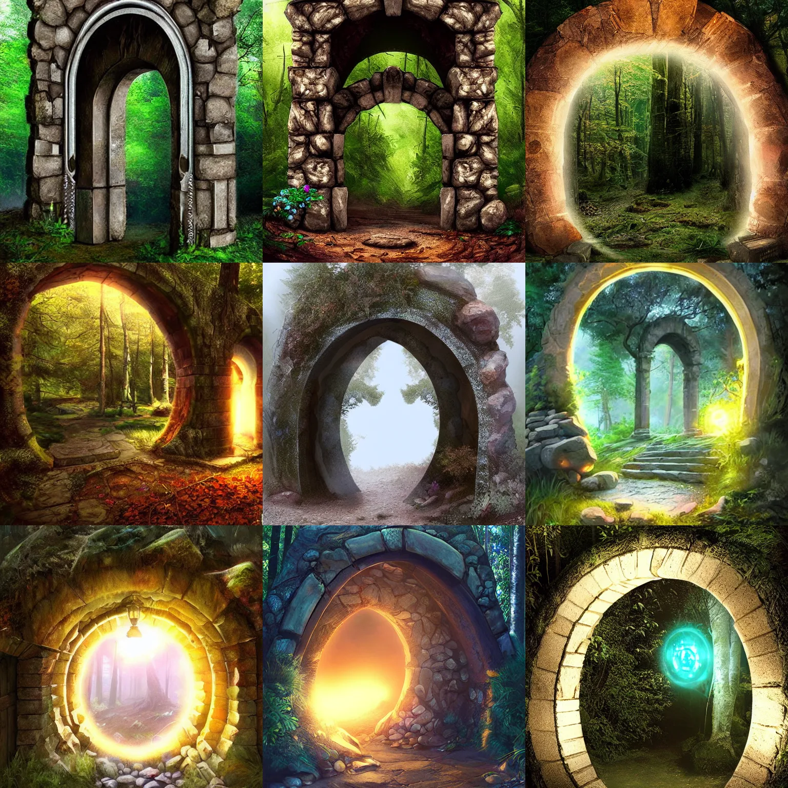 Prompt: Glowing magic portal in a stone archway in the forest, Artgerm