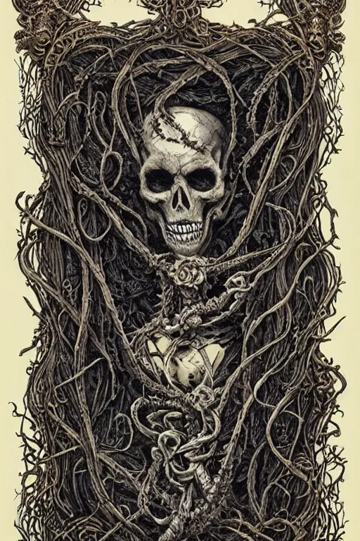 Image similar to portrait of dead king skeleton wrapped in vines, black paper, baroque, rococo, tarot card with ornate border frame, marc Simonetti, paul pope, peter mohrbacher, detailed, intricate ink illustration