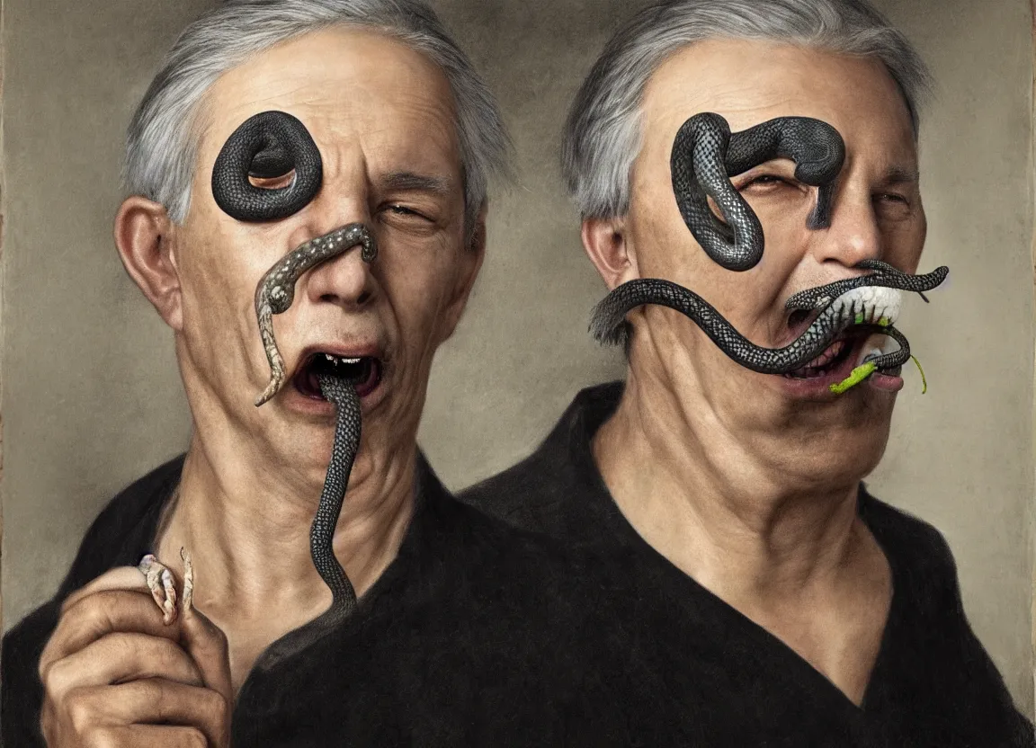 Image similar to Highly detailed portrait of a man with gray hair, a black eye patch, and a snake in his mouth