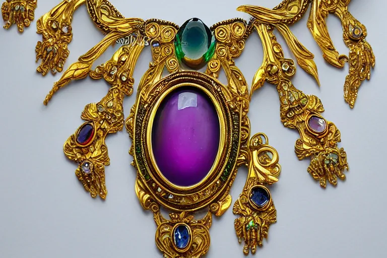 Image similar to highly detailed oil painting, front view, very realistic gemstones, art nouveau, ornate, delicate, brilliant precious gemstones necklace, necklace on display in an oval, dramatic light,