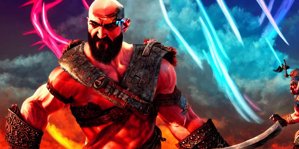 Prompt: 4k detailed painting of kratos with his blades fighting a dragon in a synthwave mountain landscape