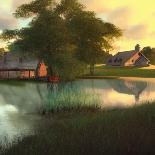 Prompt: farmhouse beside a lake, felix Kelly, trending on artstation