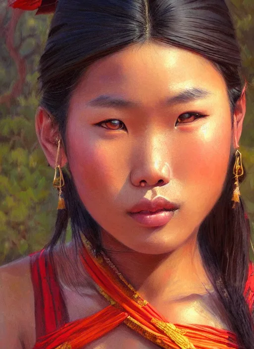 Image similar to portrait of a beautiful teen tai lue ethnic north thailand, closeup portrait, historical, ethnic group, traditional costume, elegant, loin cloth, highly detailed, oil painting, artstation, concept art, matte, sharp focus, illustration, hearthstone, art by earl norem