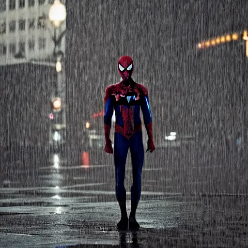 Image similar to Spiderman standing under rain , melancholy, dramatic, sad ambience