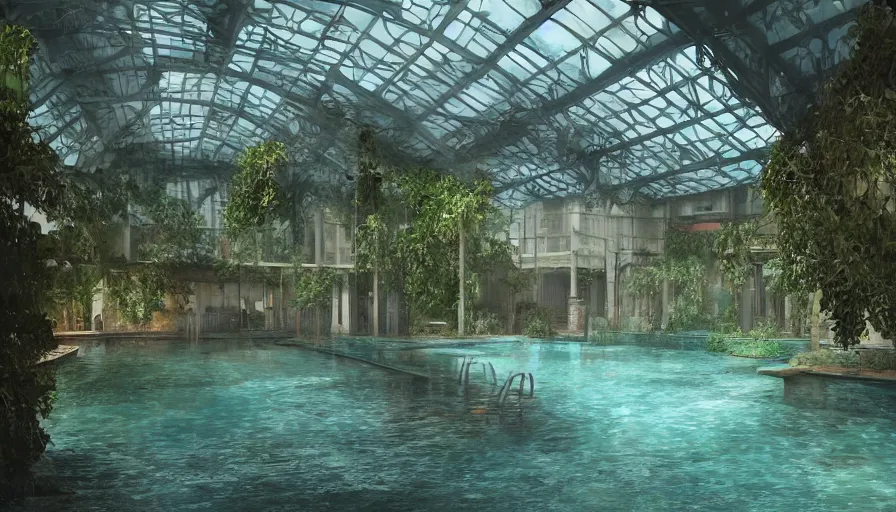 Prompt: Concept art of a dusty abandoned indoor pool in London covered by vegetation, raining outside, hyperdetailed, artstation, cgsociety, 8k