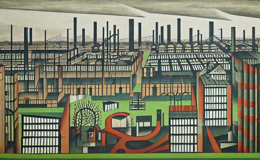 Image similar to geometric painting of industrial buildings surrounded by undergrowth by l. s. lowry