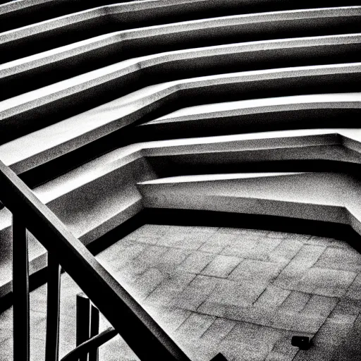 Image similar to black and white surreal photograph, highly detailed vast space made of stairsteps, sideview, detailed textures, natural light, mist, architecture photography, film grain, soft vignette, sigma 1 4 mm f / 1. 4 1 / 1 0 sec shutter, imax 7 0 mm footage