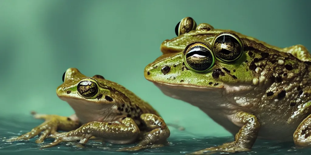 Image similar to a very intricately detailed underwater photo of a frogs cuddling. a lot of bubbles, diffracting the light. small curious fish in the background. extreme detail, artstation hq, 8 k