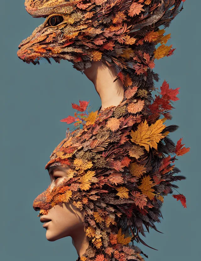 Image similar to 3 d goddess close - up profile portrait of alicia vikander wearing a beautiful intricately detailed japanese autumn fox mask, fall leaves, phoenix, dried plants, wind, creature, artwork by tooth wu and wlop and beeple and greg rutkowski