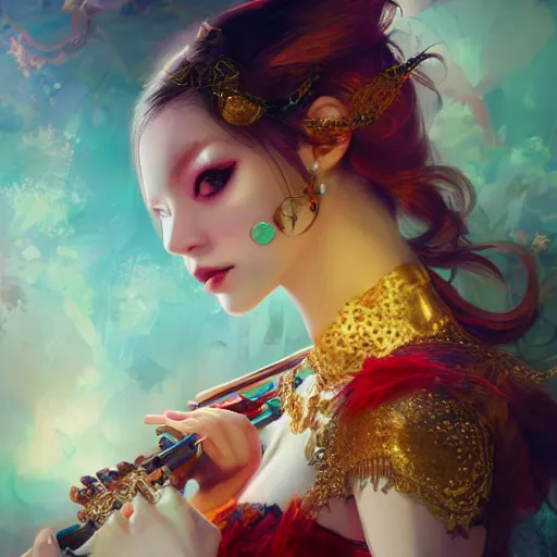 Prompt: the portrait, masked beautiful female violinist, exotic costumes, gold jewelry, red hair ， illustration by wenjun lin, irakli nadar, bright colors, octopath traveler, wenjun lin, unreal engine 5 highly rendered, global illumination, radiant light, detailed and intricate environment