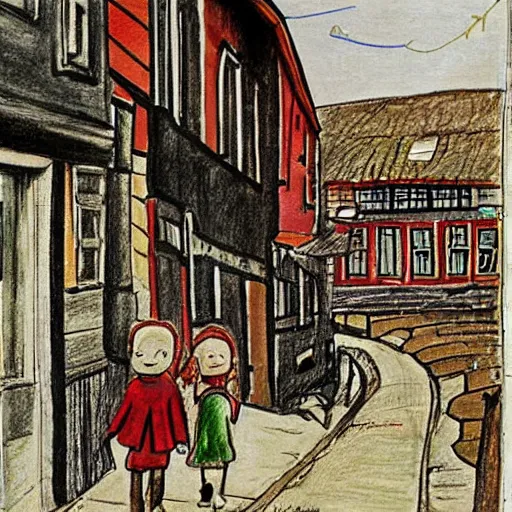 Prompt: a Child's drawing of street life in old stavanger, Norway W 1280