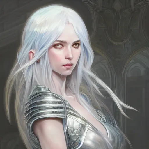 Image similar to portrait white hair knights of Zodiac girl, Sliver ice color reflected armor, in ruined Agora of Athens Sunrise, ssci-fi and fantasy, intricate and very very beautiful and elegant, highly detailed, digital painting, artstation, concept art, smooth and sharp focus, illustration, art by tian zi and WLOP and alphonse mucha