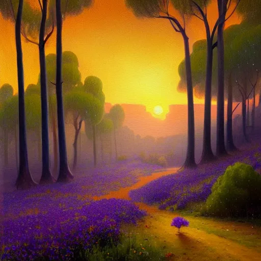 Prompt: a painting of a dirt road surrounded by eucalyptus trees and california golden poppies, violet woodland hill in the distance, violet sunset. an oil painting by peter mohrbacher and john avon, green orange violet triadic color palette, featured on deviantart, australian tonalism, pre - raphaelite, impressionism, detailed painting