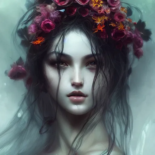 Image similar to Portrait of a dark fantasy nymph, flowers and plants surrounding, stunning, concept art, artstation, dramatic lighting, by Wlop