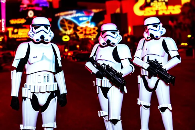 Prompt: a photo of two stormtroopers winning at slots in las vegas, ultra wide shot, 2 4 mm, bokeh, blurred background, colorful lights
