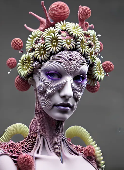 Prompt: complex 3 d render hyper detailed ultra sharp beautiful futuristic close - up stunning biomechanical humanoid woman with carved porcelain ivory face, iris van herpen daisies corals filigree lace cyberpunk haute couture headdress with rhizomorph finials spires, brackets, fractal colorful puffballs, octane render, 8 k