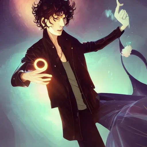 Image similar to Neil Gaiman as The Sandman, pale skin, long black leather jacket, unruly hair, ambient lighting, 4k, anime key visual, lois van baarle, ilya kuvshinov, rossdraws, artstation