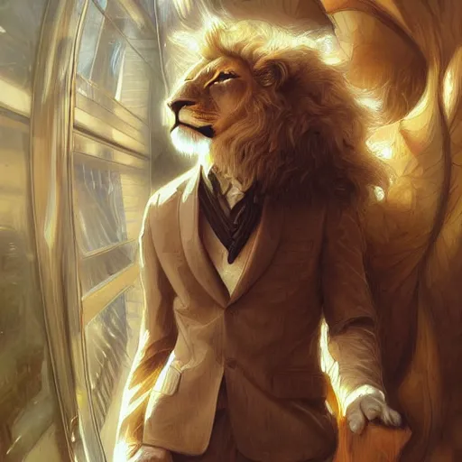 Image similar to lion in a business suit, artists portrait, futuristic, fantasy, highly detailed, digital painting, concept art, sharp focus, depth of field blur, illustration, art by artgerm and greg rutkowski and alphonse mucha