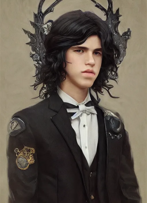 Image similar to portrait of teen Gavin Mcinnes, medium black hair, Nordic crown, black suit, fantasy, intricate, elegant, realistic, highly detailed, digital painting, artstation, concept art, smooth, sharp focus, illustration, art by artgerm and greg rutkowski and alphonse mucha