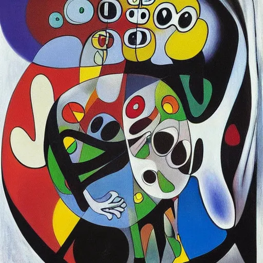 Image similar to Oil painting by Roberto Matta. Strange mechanical beings kissing. Portrait by Takashi Murakami. Joan Miro.