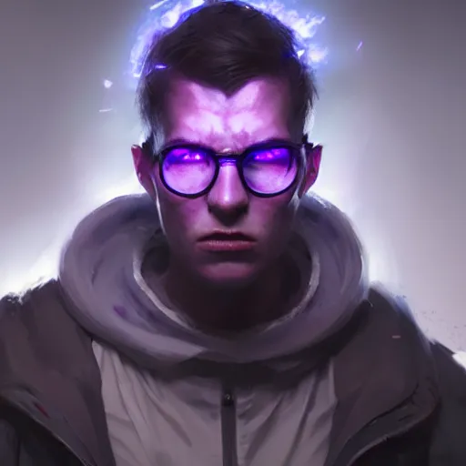 Prompt: a pissed right off genetically engineered nerd, by greg rutkowski, blue and purple lighting, digital art, ultra realistic, ultra detailed, photorealistic, 4 k, character concept