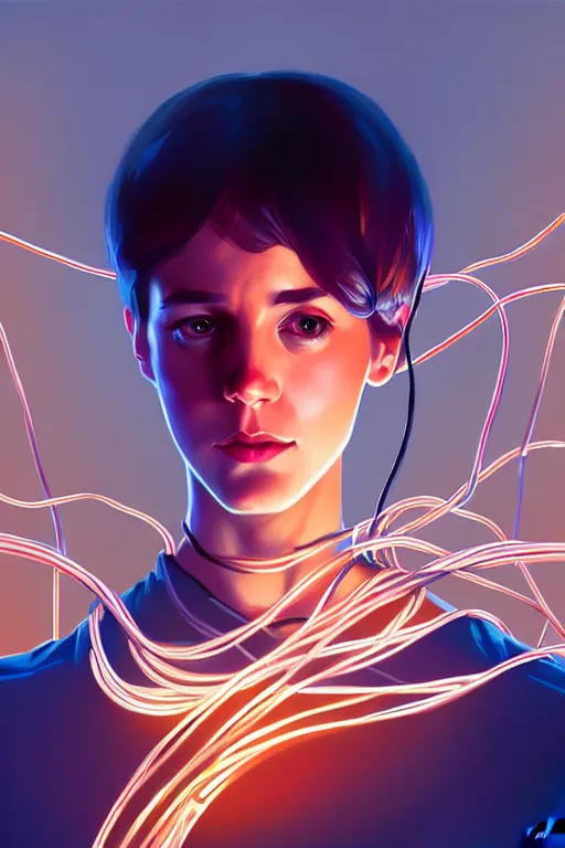 Prompt: photo of a programmer composed of wires at the monitor, realistic shaded lighting poster by ilya kuvshinov, magali villeneuve, artgerm, jeremy lipkin and michael garmash and rob rey