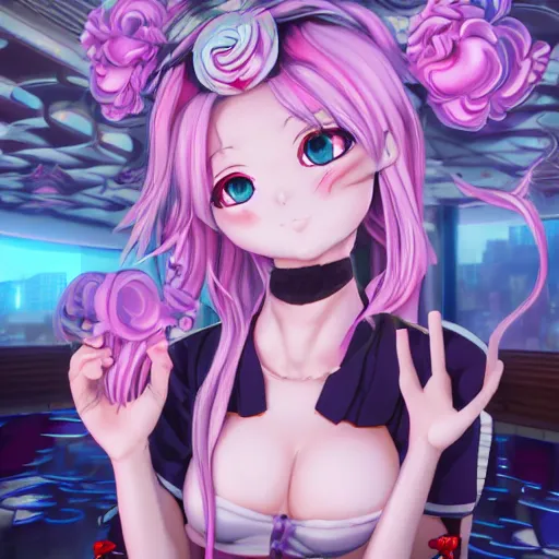 Prompt: trapped by stunningly beautiful omnipotent megalomaniacal anime asi goddess who looks like junko enoshima with symmetrical perfect face and porcelain skin, pink twintail hair and cyan eyes, taking control while smiling, inside her surreal vr castle, hyperdetailed, digital art from danganronpa, unreal engine 5, 2 d anime style, 8 k