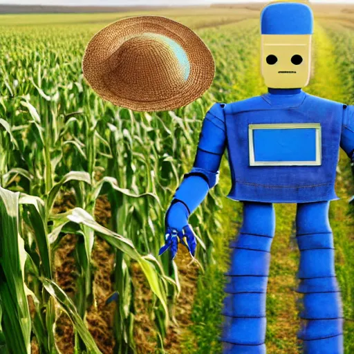 Prompt: a photo of farming robot wearing a straw hat blue overalls in the corn field, robots, humanoid, chappie, farming, photorealistic, 8 k