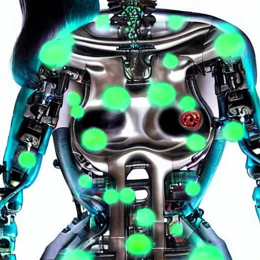 Image similar to the torso of fully a mechanical terminator lady with borg implants, human face and robotic snakes coming out of her head is hanging from cables and wires off the ceiling of an futuristic computer lab and plugged into a quantum computer. Her bottom half is missing with cables hanging out. She is taking a sip from a cup of coffee. Tiny green led lights in her cybernetics. very detailed 8k. Cyberpunk horror style.