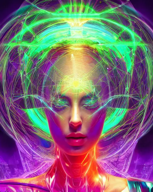 Image similar to a powerful energy psychedelic matrix woman, by alexander fedosav, hyper detailed digital matte painting, concept art, hyperrealism, 1 6 k resolution, cinema 4 d, 8 k resolution, trending on artstation, behance hd, a masterpiece, by stephan martiniere, particles, cel - shaded, power bright neon energy, by david a. hardy,