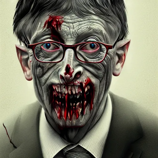 Image similar to a zombie Bill Gates, by WLOP, horror, wounds, bloody, dark fantasy, trending on artstation