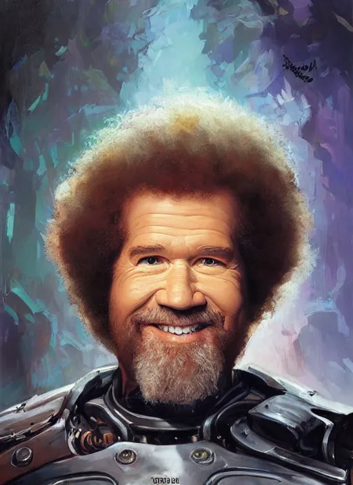 Prompt: portrait of bob ross wearing bulky cybernetic power armor. intricate painting by ross tran, magali villeneuve, and jeremy mann.