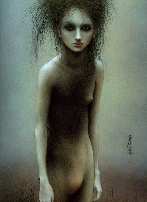 Prompt: girl with short hairs by Beksinski and Luis Royo