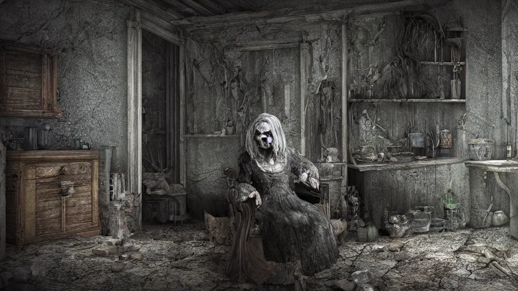 Image similar to An ancient witch in the shadows of a dark decrepit cottage, highly detailed interior , horror, hyperrealistic, Blender 8k UHD