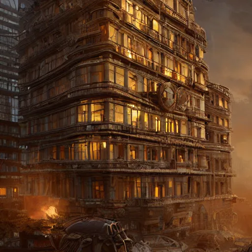 Image similar to very very detailed building made from complex robot parts, beautiful dynamic lighting, cinematic, wide angle establishing shot, extremely high detail, photo realistic, cinematic lighting, post processed, concept art, artstation, matte painting, style by eddie mendoza, raphael lacoste, alex ross, volumetric lighting, light rays, photorealistic, ultrarealistic, moody, coronarender, 8k