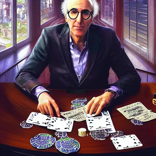 Prompt: larry david playing poker while wearing a batman costume and tripping on lsd, money, poker, cards, larry david, curb, elegant, intricate, digital painting, artstation, concept art, smooth, sharp focus, illustration, art by artgerm and greg rutkowski and alphonse mucha