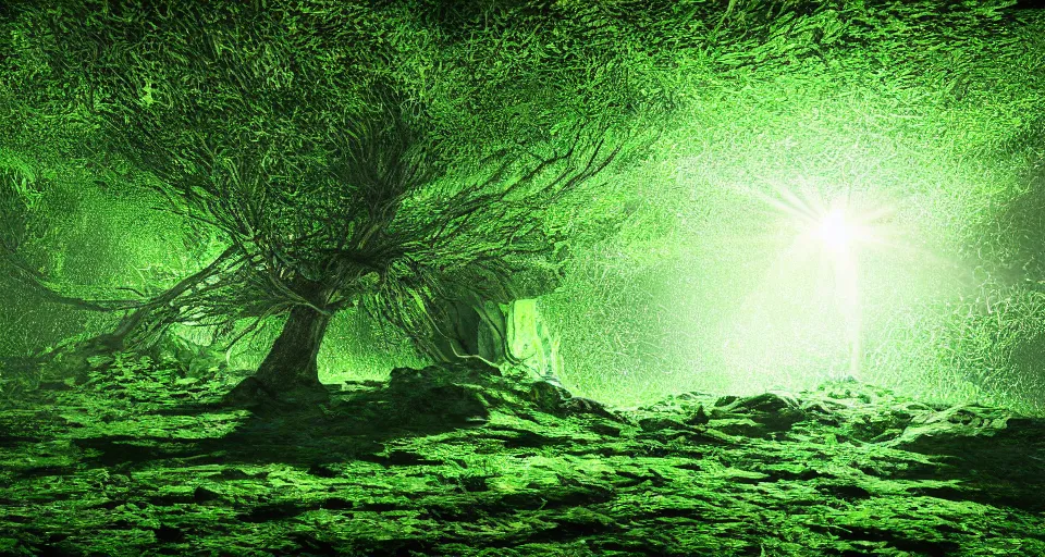 Prompt: Brightly glowing Green perfect glass sphear, tangled in the branches of a large barren tree,rays of green light shining down onto the tree, inside a dim cave, low lighting, octane render, photo realistic