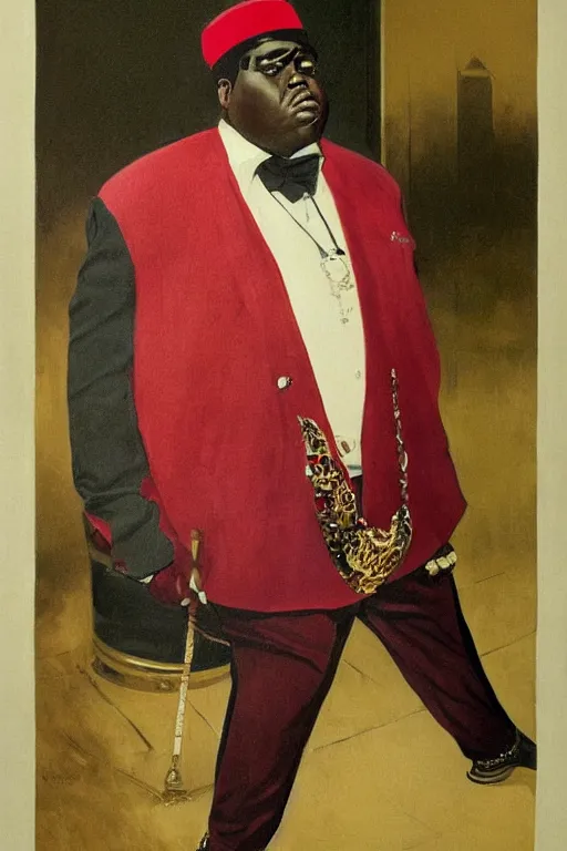 Image similar to ultra unrealistic portrait of rapper biggie smalls standing with cane and with kings crown and royal outfit, european, modern art, eclectic art, gold and colorful, illustration, by ramon casas