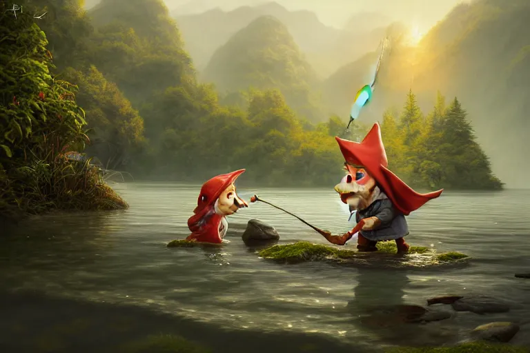 Image similar to legendary elegant gnome fishing in lake, highly detailed, d & d, fantasy, highly detailed, digital painting, trending on artstation, concept art, sharp focus, illustration, global illumination, ray tracing, realistic shaded, art by artgerm and greg rutkowski and fuji choko and viktoria gavrilenko and hoang lap