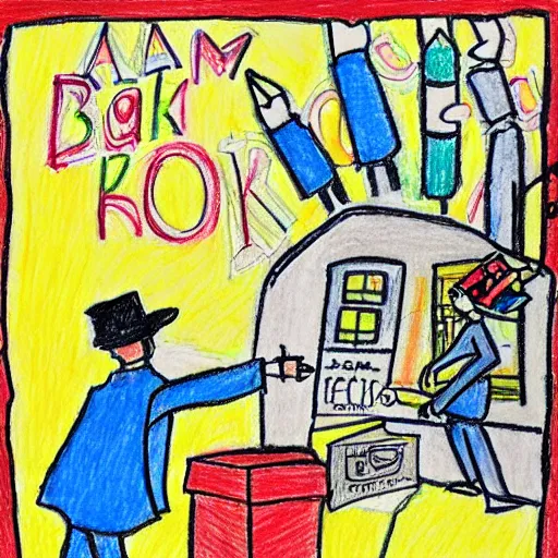 Image similar to a bank robbery drawn by a child, crayons,