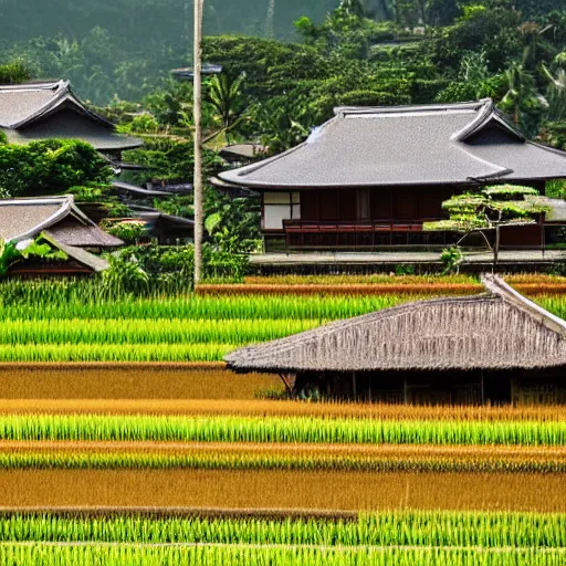 Prompt: Japanese home, cinematic, sunny day, rice field in Bali