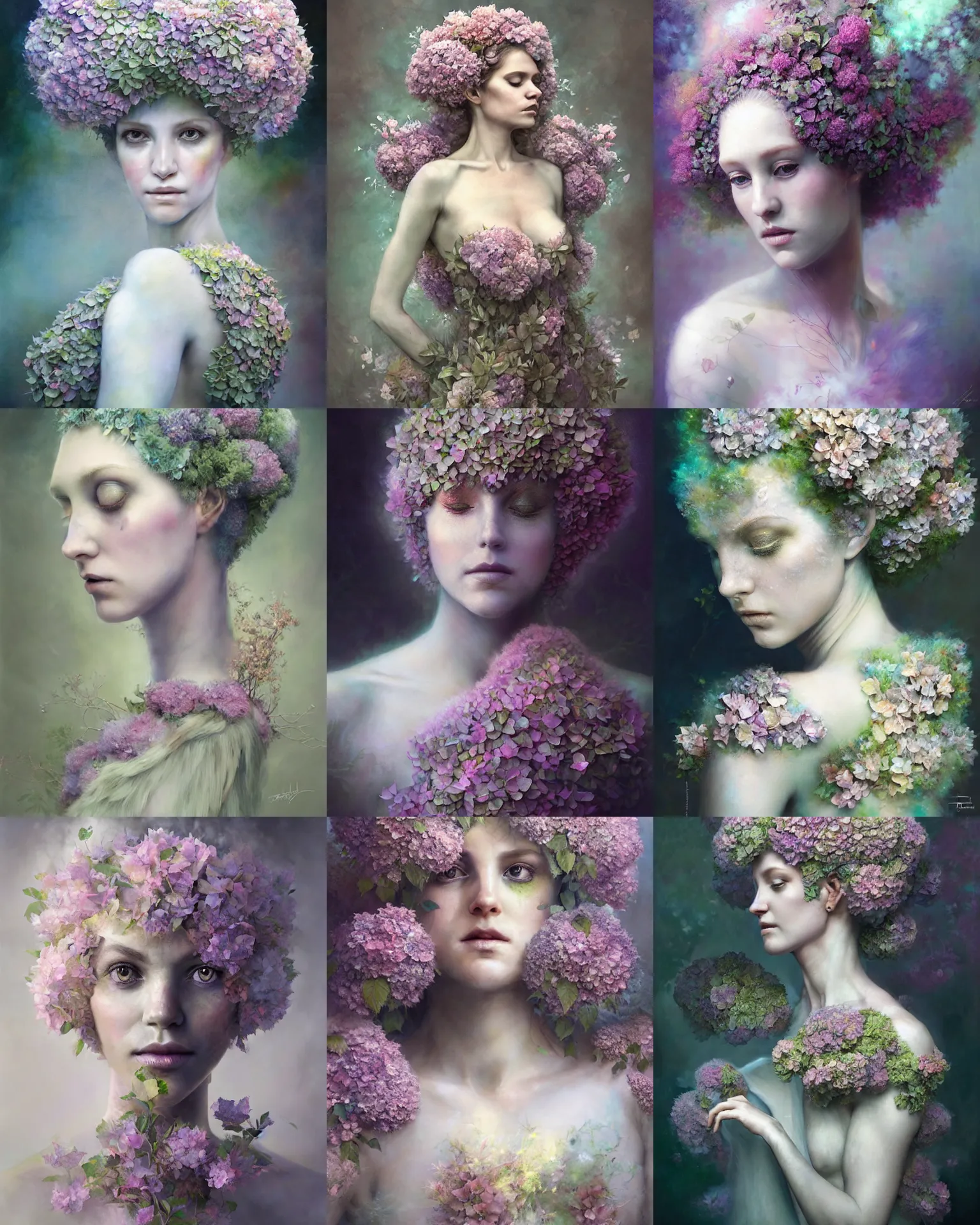 Prompt: realistic ethereal hydrangea dryad wearing beautiful dress, deity of hydrangeas made of hydrangeas, soft cool tones, by Alberto Seveso and Anna Dittman, Tom bagshaw, craig mullins, artgerm, full view, Hyperdetailed, realistic oil on linen, soft lighting, featured on Artstation