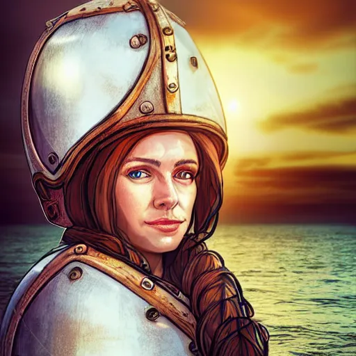 Image similar to portrait of a woman medieval ship pilot on a ship looking into the sunset on the sea, wearing breastplate, hair in side part, digital art, bokah, high fantasy art style