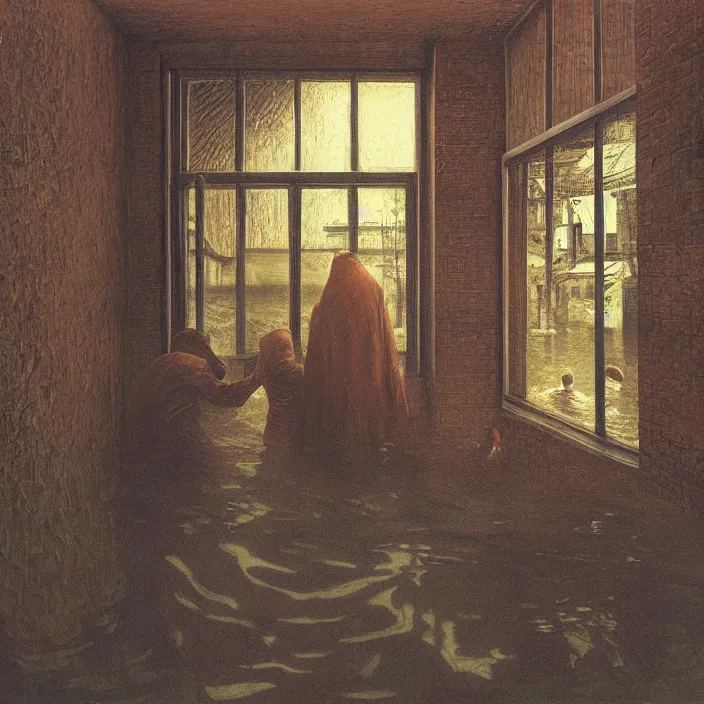 Image similar to fisheye lens, people inside water flooded museum, looking through the window, highly detailed, artstation, art by zdislav beksinski and wayne barlowe