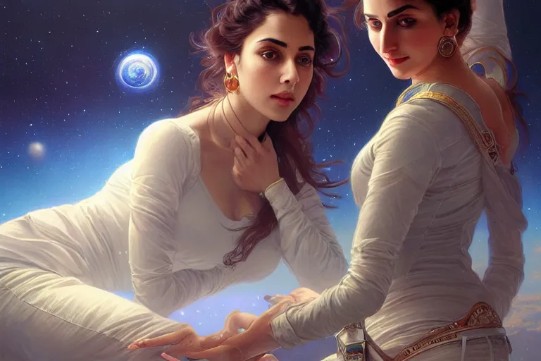 Image similar to Sensual good looking pale young Indian doctors wearing jeans in a space station above Earth, portrait, elegant, intricate, digital painting, artstation, concept art, smooth, sharp focus, illustration, art by artgerm and greg rutkowski and alphonse mucha