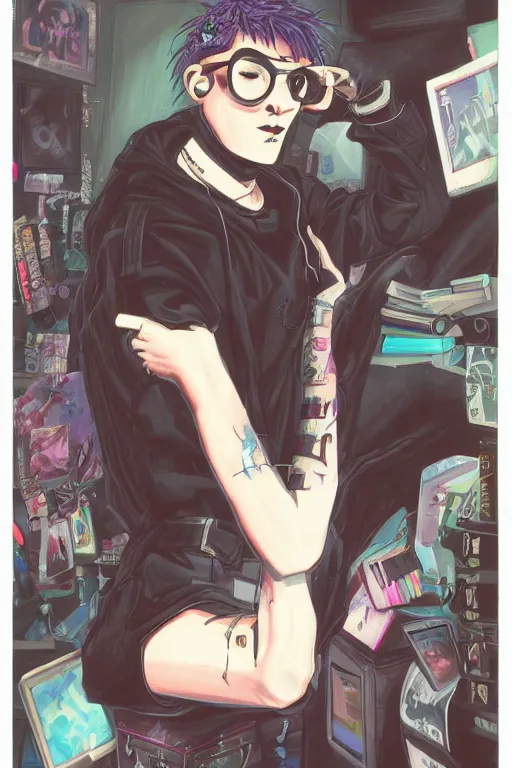 Prompt: nerdy goth guy, cluttered messy 9 0 s bedroom, by sana takeda, sana takeda art, vaporwave, 9 0 s aesthetic, 9 0 s vibe, concept art, full body character concept art, perfect face, detailed face,