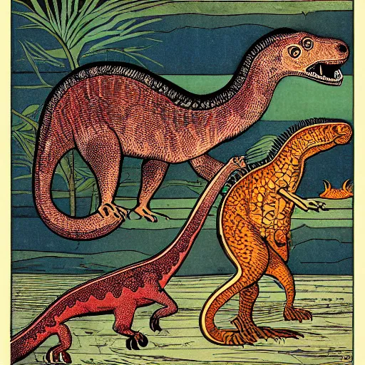 Prompt: a ferret and a dinosaur, colored woodcut, poster art, by Mackintosh, art noveau, by Ernst Haeckel