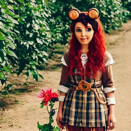Image similar to woman with long curly read hair in villager cosplay from animal crossing. beautiful. relaxed. realistic photo. cosplay photoshoot. high detail. convention photo.
