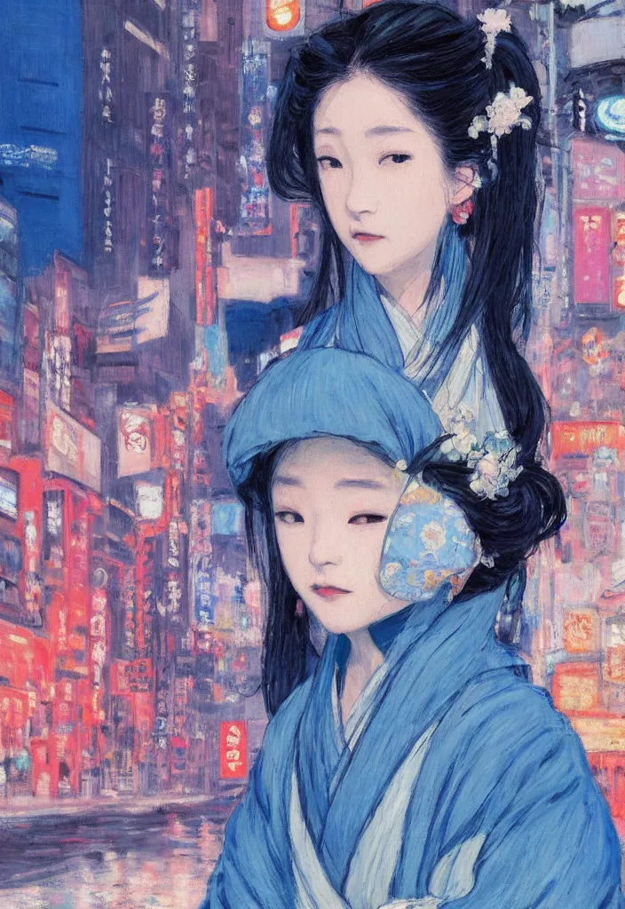 Image similar to geisha in front of shibuya. cyberpunk. beautiful blue sky. gorgeous epic nature, lofi, vivid colors, amazing light, by jeremy lipkin, by claude monet, heavily inspired by makoto shinkai, inspired by ghibli, masterpiece, multiple brush strokes, impressionist style