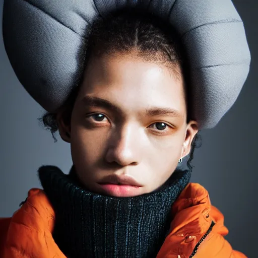 Image similar to realistic! photoshoot for a new balenciaga lookbook, color film photography, portrait of a beautiful woman wearing a puffer jacket, photo in style of tyler mitchell, fisheye lens